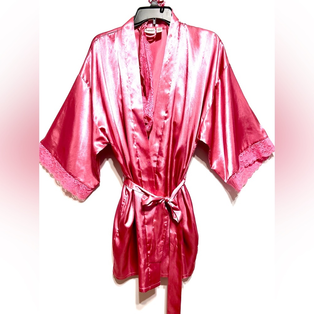 Frederick's of Hollywood Vibrant Rose Pink Satin Robe & Gown Set
